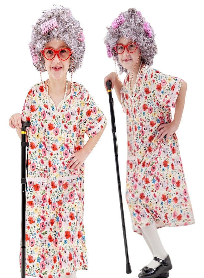 VersaCharm Kids 100 Days of School Costume for Girls, Old Lady Costume wig dress and Granny Grandma Set for Child - Image 2